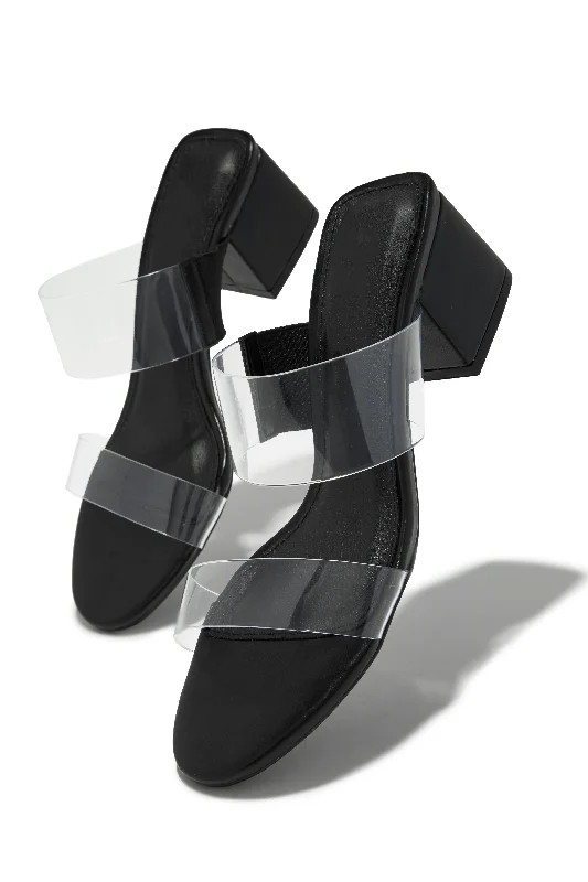 Yara Clear Strap Block Mid Heel Mules - Black