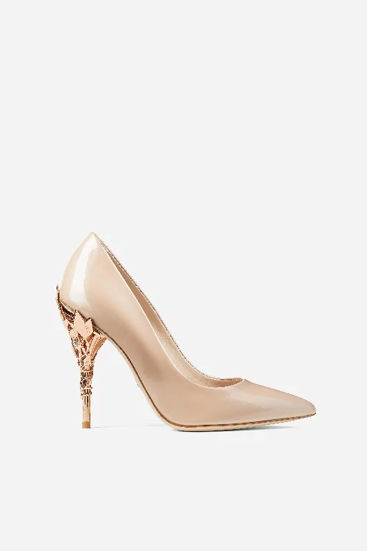 Pink Patent Leather Eden Heels with Rose Gold Leaves