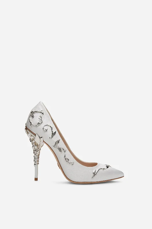 White Satin Eden Pumps with Silver Leaves