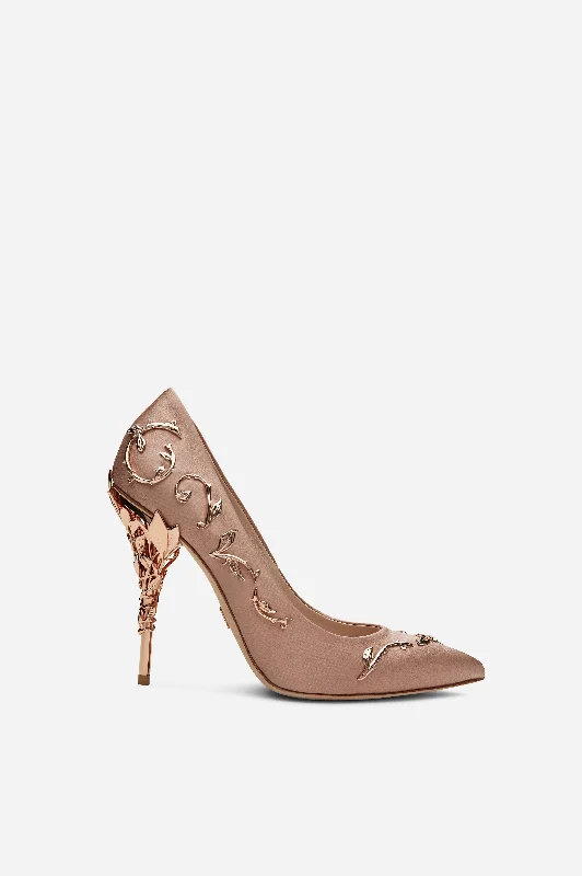 Vintage Pink Satin Eden Pumps with Rose Gold Leaves