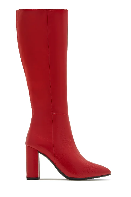 Fine Time Block Heel Knee High Boots - Red