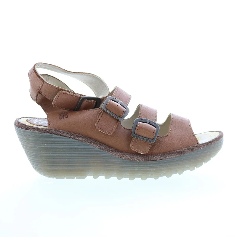 Fly London Yorn YORN388FLY-001 Womens Brown Leather Wedges Sandals Shoes