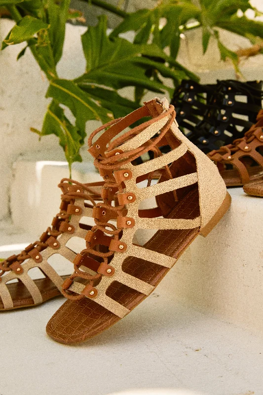 Summer Getaway Lace Up Gladiator Sandals - Natural