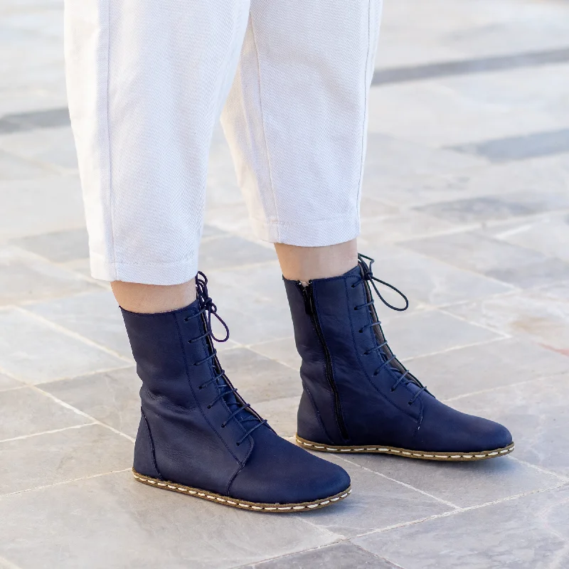 Barefoot Grounding Effect Navy Blue Leather Boots For Women