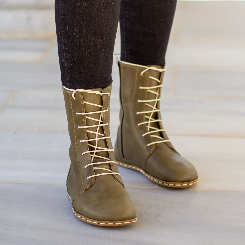 Barefoot Grounding Effect Olive Green Leather Boots For Women