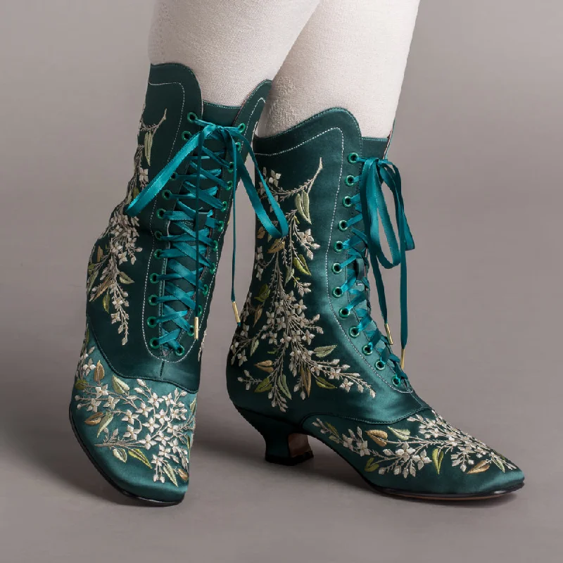 PRE-ORDER Flora Women's Embroidered Boots Wide (Emerald Green)