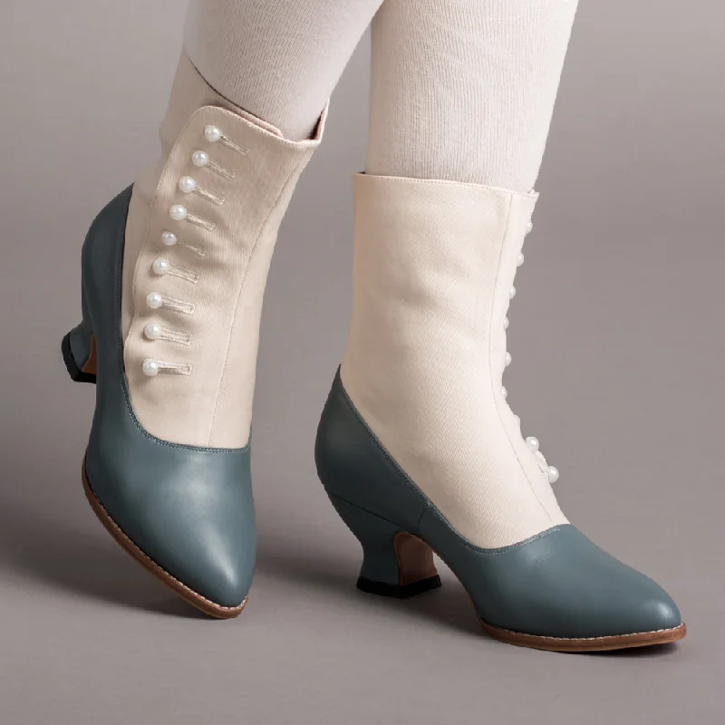 Manhattan Women's Victorian Cloth-Top Button Boots (Ivory/French Blue)